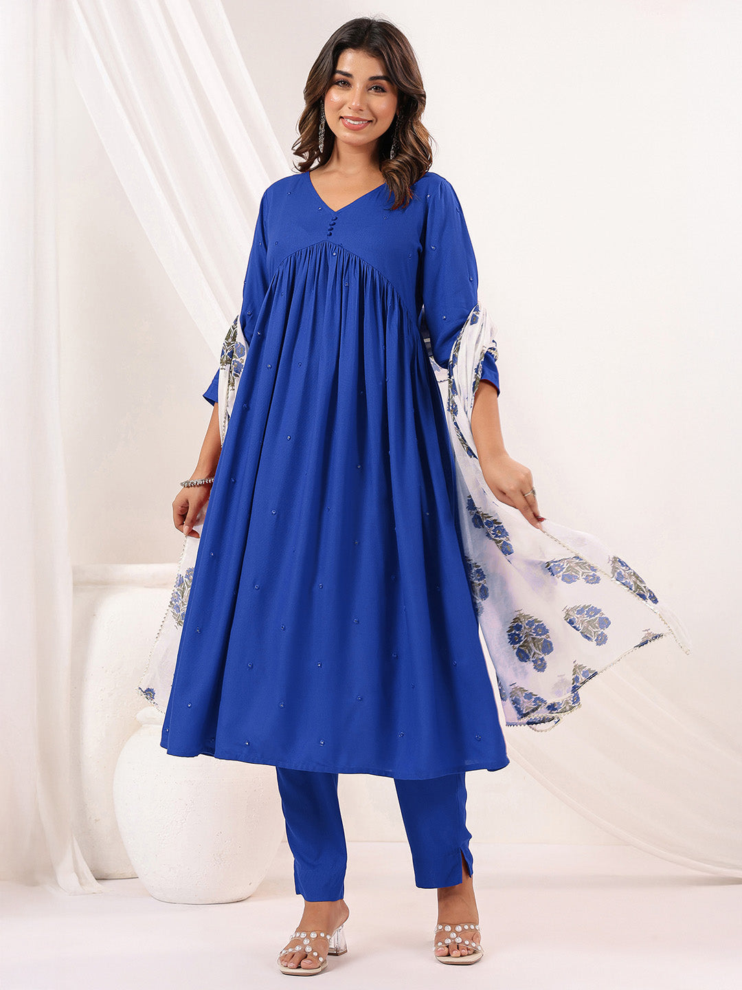 Janasya Women's Blue Rayon Embellished Mirror Work A-line Kurta Set