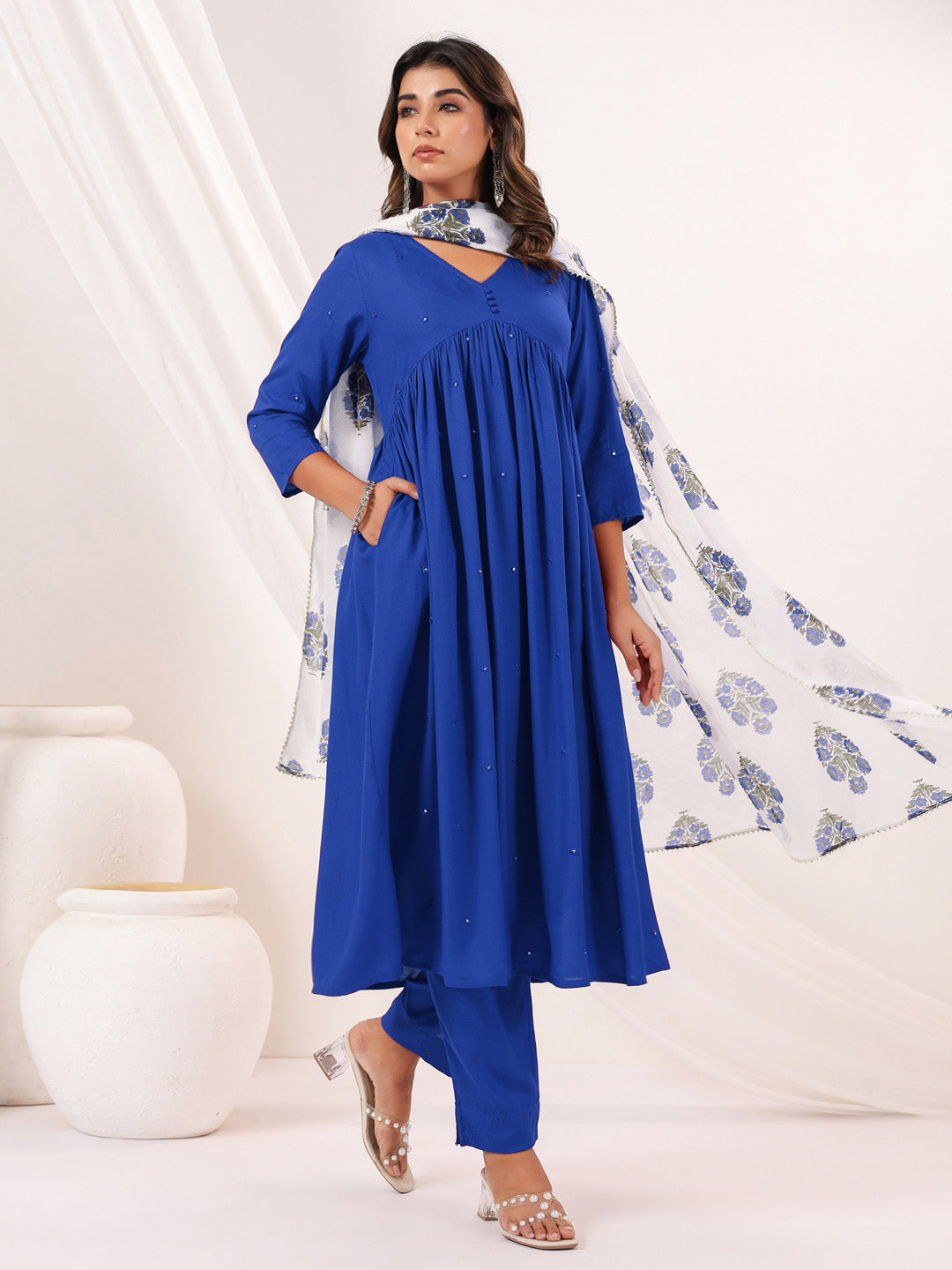 Janasya Women's Blue Rayon Embellished Mirror Work A-line Kurta Set