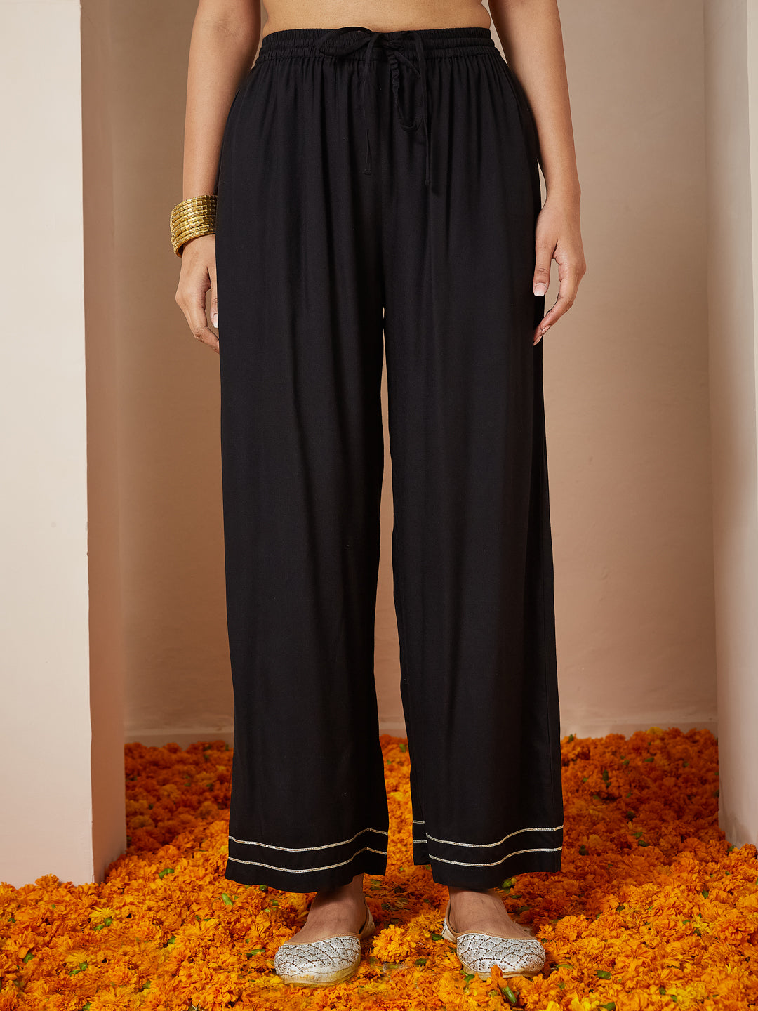 Janasya Women's Black Rayon Foil Printed Anarkali Kurta Set