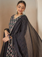 Janasya Women's Black Rayon Foil Printed Anarkali Kurta Set