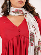 Janasya Women's Maroon Rayon Embellished Mirror Work A-line Kurta Set