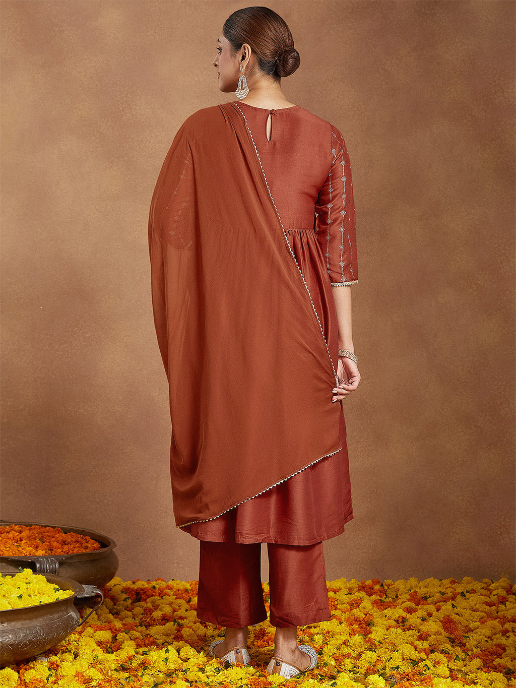 Janasya Women's Rust Silk Blend Yoke Embroidered Gold Printed A-line Kurta Set With Dupatta
