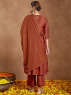 Janasya Women's Rust Silk Blend Yoke Embroidered Gold Printed A-line Kurta Set With Dupatta