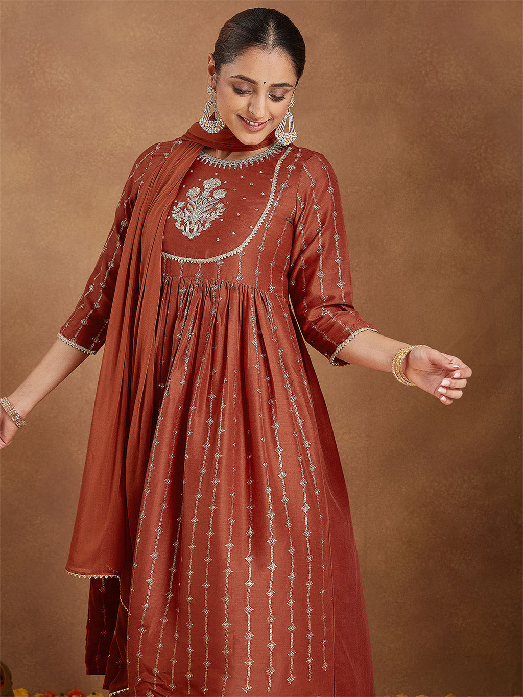 Janasya Women's Rust Silk Blend Yoke Embroidered Gold Printed A-line Kurta Set With Dupatta