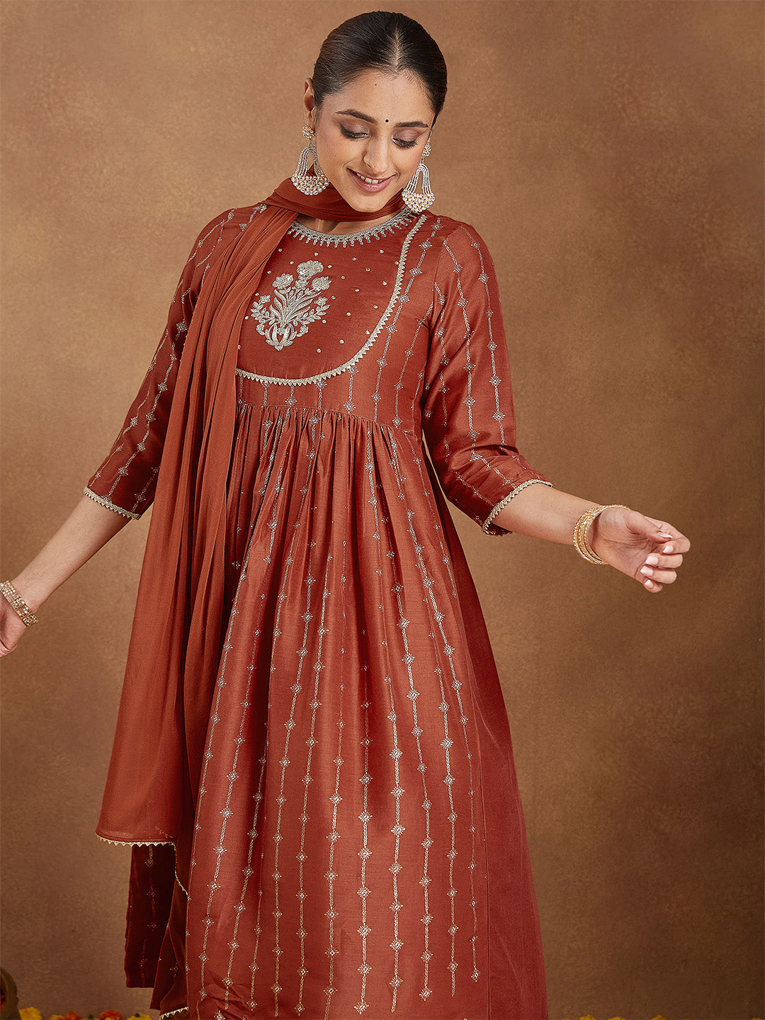 Janasya Women's Rust Silk Blend Yoke Embroidered Gold Printed A-line Kurta Set With Dupatta