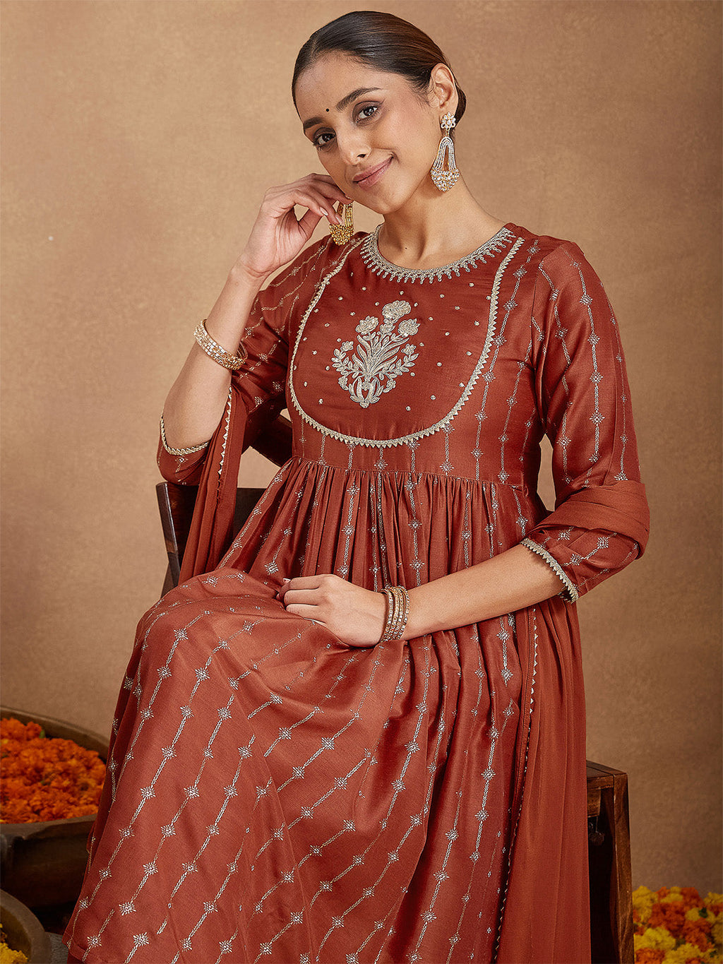 Janasya Women's Rust Silk Blend Yoke Embroidered Gold Printed A-line Kurta Set With Dupatta