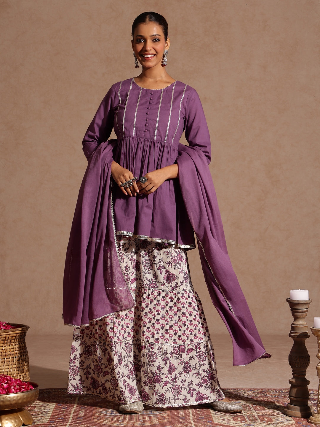 Janasya Women's Purple Pure Cotton Solid Peplum Top With Sharara & Dupatta Set - qivii