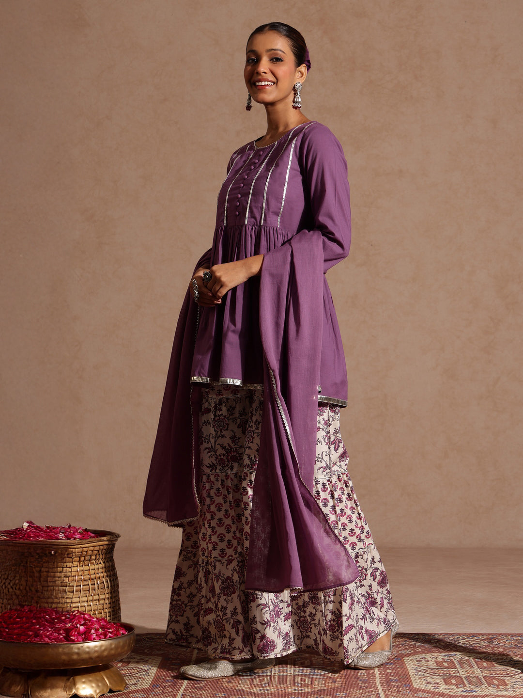 Janasya Women's Purple Pure Cotton Solid Peplum Top With Sharara & Dupatta Set - qivii