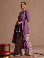 Janasya Women's Purple Pure Cotton Solid Peplum Top With Sharara & Dupatta Set