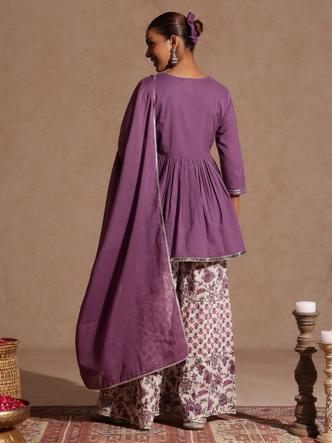 Janasya Women's Purple Pure Cotton Solid Peplum Top With Sharara & Dupatta Set