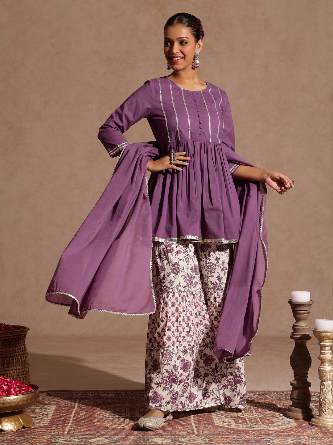 Janasya Women's Purple Pure Cotton Solid Peplum Top With Sharara & Dupatta Set
