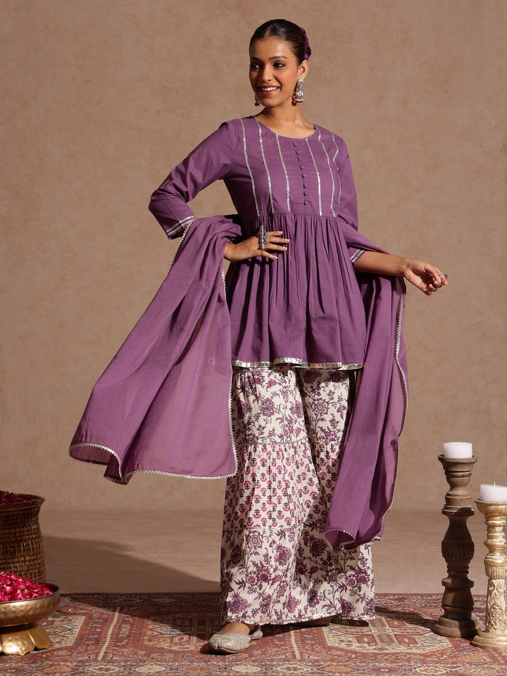 Janasya Women's Purple Pure Cotton Solid Peplum Top With Sharara & Dupatta Set - qivii