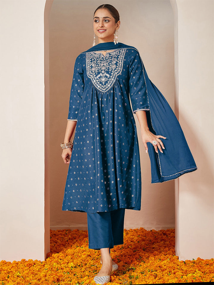 Janasya Women's Teal Blue Silk Blend Yoke Embroidered Gold Printed A-line Kurta Set With Dupatta - qivii