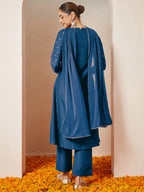 Janasya Women's Teal Blue Silk Blend Yoke Embroidered Gold Printed A-line Kurta Set With Dupatta