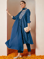 Janasya Women's Teal Blue Silk Blend Yoke Embroidered Gold Printed A-line Kurta Set With Dupatta