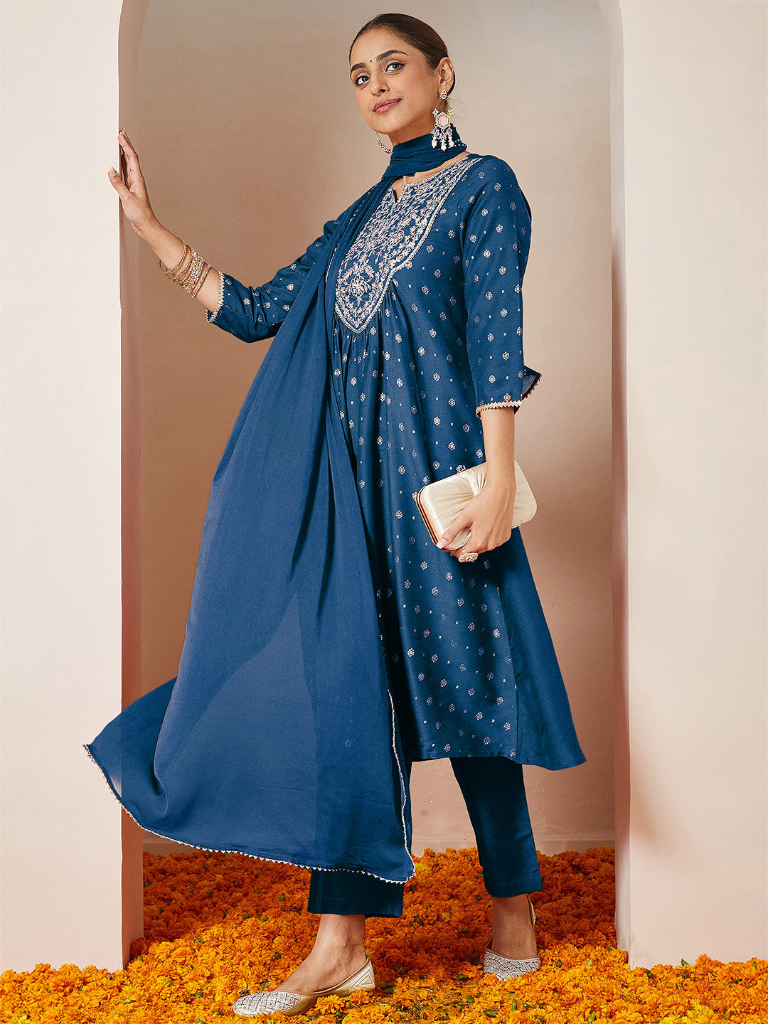Janasya Women's Teal Blue Silk Blend Yoke Embroidered Gold Printed A-line Kurta Set With Dupatta