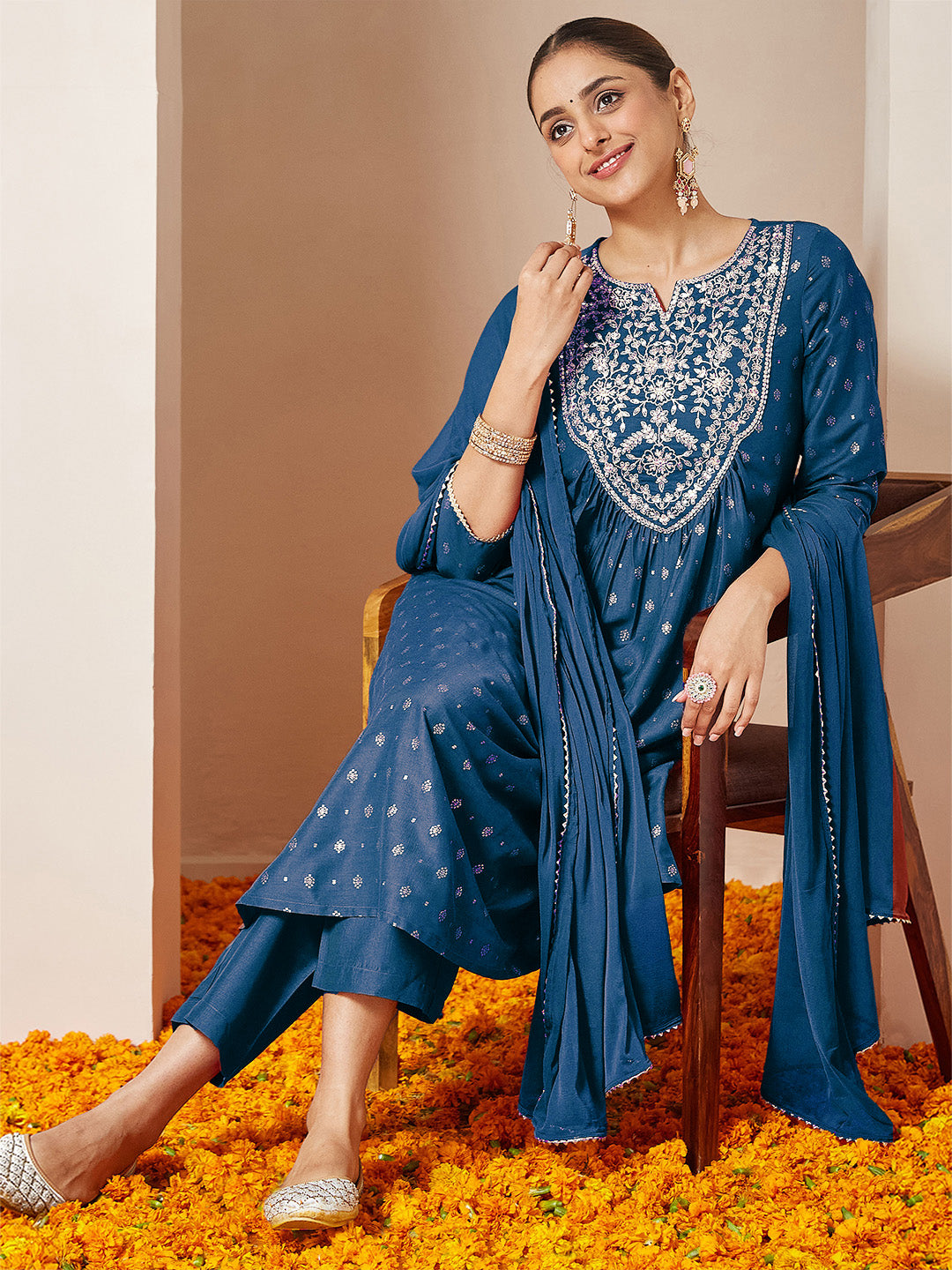 Janasya Women's Teal Blue Silk Blend Yoke Embroidered Gold Printed A-line Kurta Set With Dupatta - qivii