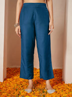 Janasya Women's Teal Blue Silk Blend Yoke Embroidered Gold Printed A-line Kurta Set With Dupatta