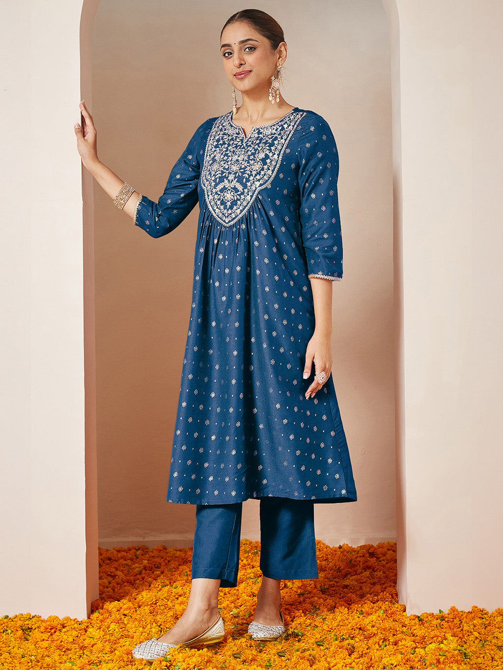 Janasya Women's Teal Blue Silk Blend Yoke Embroidered Gold Printed A-line Kurta Set With Dupatta