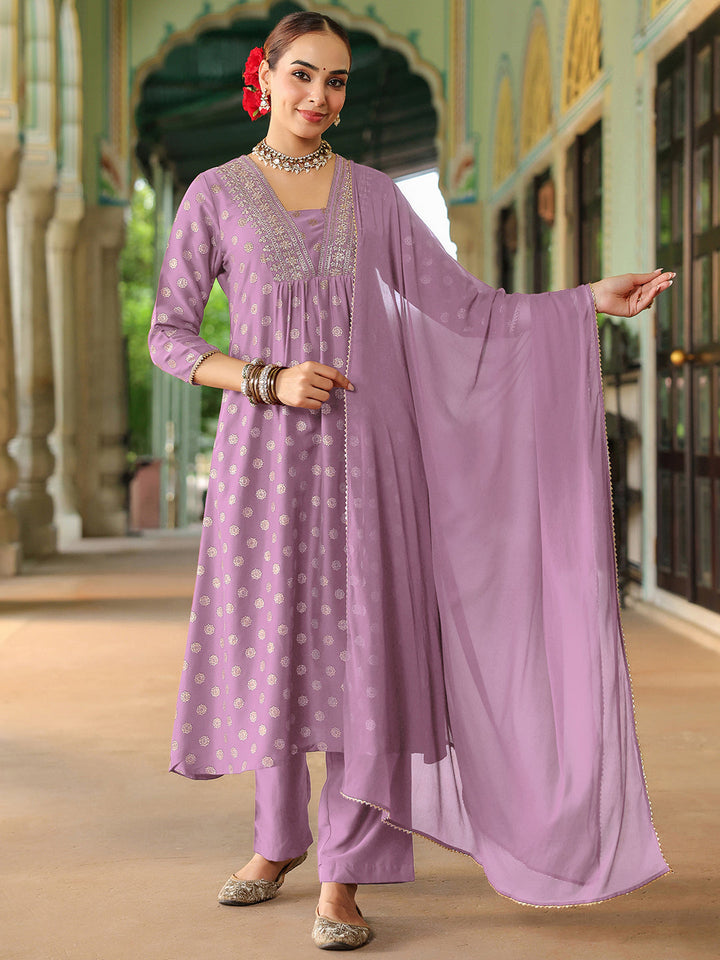 Janasya Women's Lavender Silk Blend Embellished Gold Printed A-line Kurta Set With Dupatta - qivii