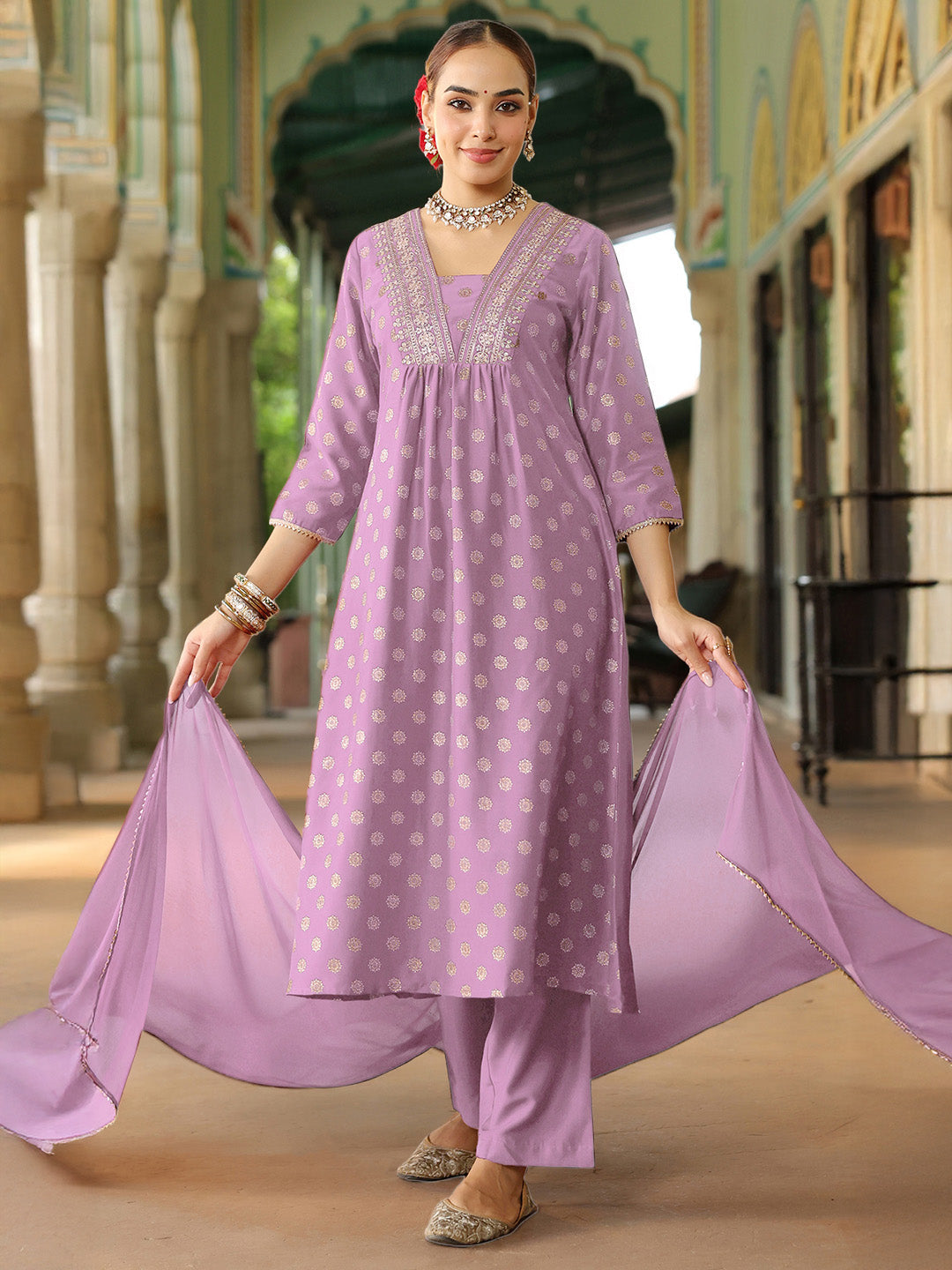 Janasya Women's Lavender Silk Blend Embellished Gold Printed A-line Kurta Set With Dupatta - qivii