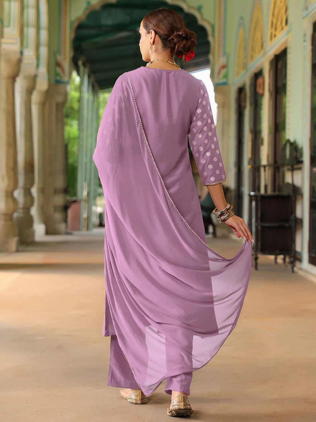 Janasya Women's Lavender Silk Blend Embellished Gold Printed A-line Kurta Set With Dupatta - qivii