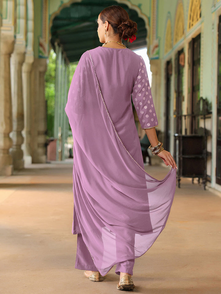 Janasya Women's Lavender Silk Blend Embellished Gold Printed A-line Kurta Set With Dupatta - qivii