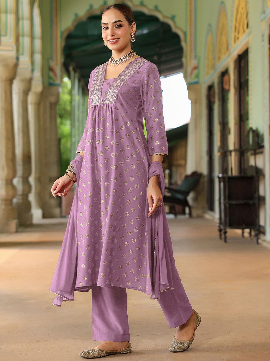 Janasya Women's Lavender Silk Blend Embellished Gold Printed A-line Kurta Set With Dupatta - qivii
