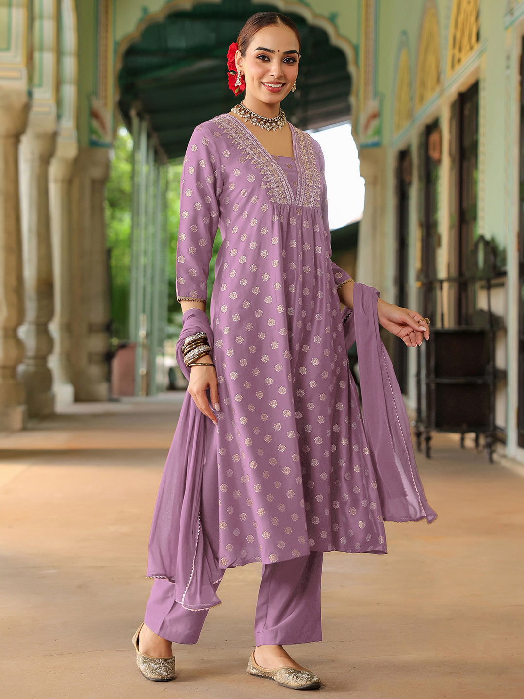 Janasya Women's Lavender Silk Blend Embellished Gold Printed A-line Kurta Set With Dupatta - qivii