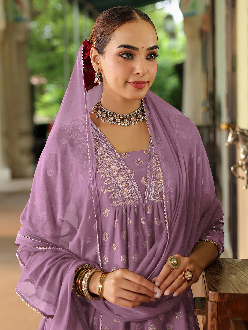 Janasya Women's Lavender Silk Blend Embellished Gold Printed A-line Kurta Set With Dupatta