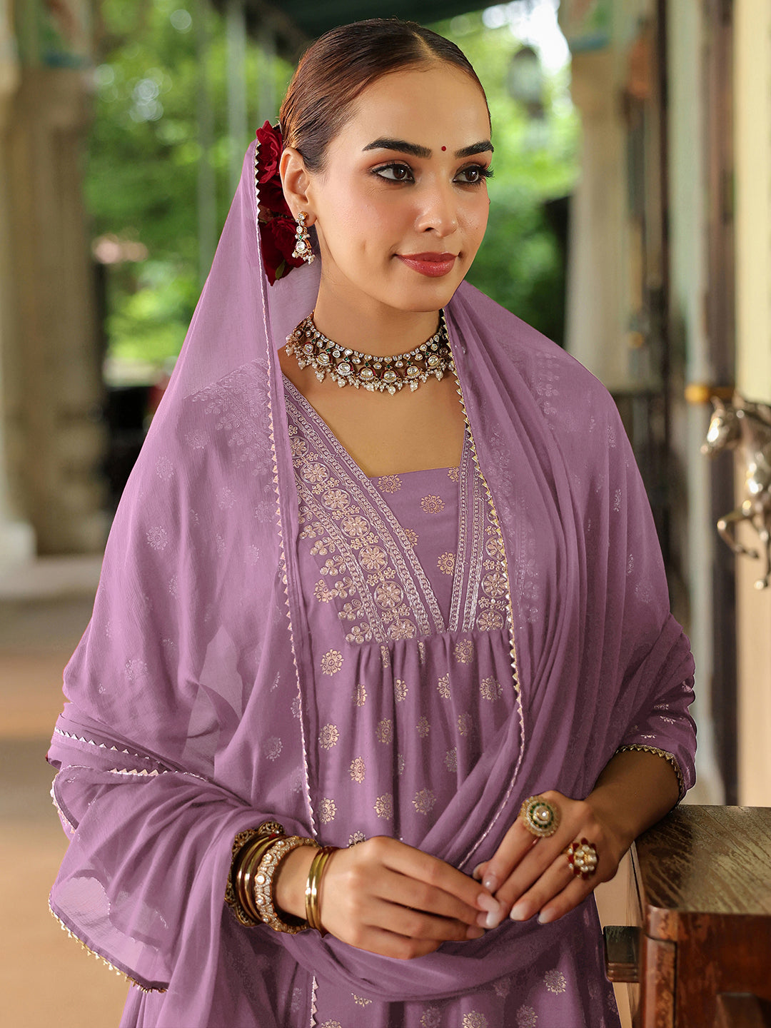 Janasya Women's Lavender Silk Blend Embellished Gold Printed A-line Kurta Set With Dupatta - qivii