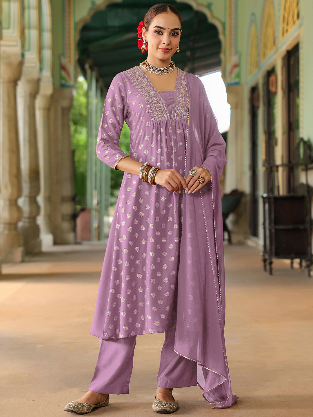 Janasya Women's Lavender Silk Blend Embellished Gold Printed A-line Kurta Set With Dupatta - qivii