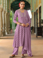 Janasya Women's Lavender Silk Blend Embellished Gold Printed A-line Kurta Set With Dupatta