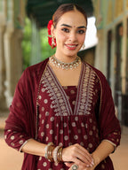 Janasya Women's Maroon Silk Blend Embellished Gold Printed A-line Kurta Set With Dupatta