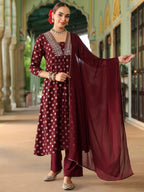 Janasya Women's Maroon Silk Blend Embellished Gold Printed A-line Kurta Set With Dupatta