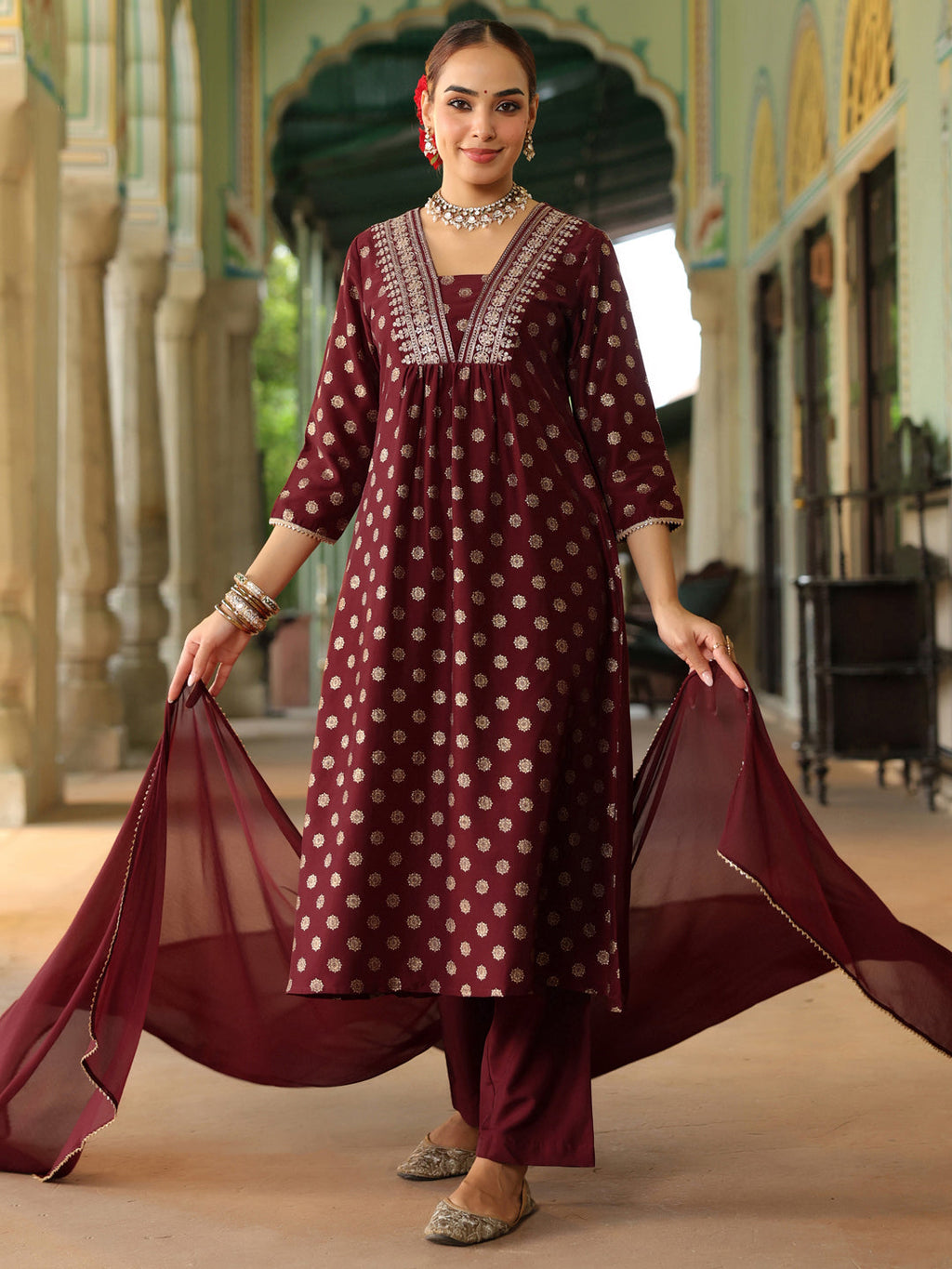 Janasya Women's Maroon Silk Blend Embellished Gold Printed A-line Kurta Set With Dupatta