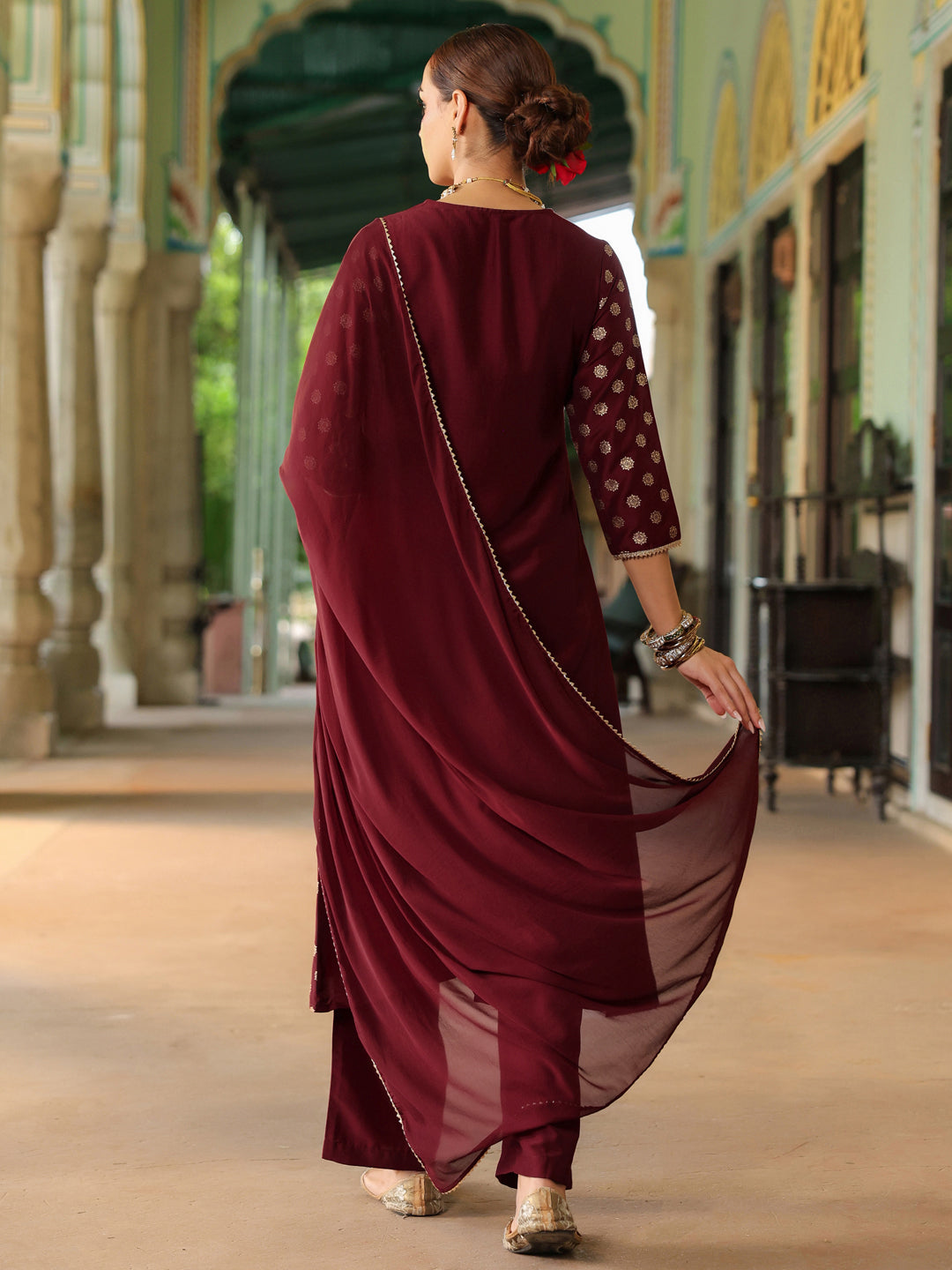 Janasya Women's Maroon Silk Blend Embellished Gold Printed A-line Kurta Set With Dupatta