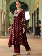 Janasya Women's Maroon Silk Blend Embellished Gold Printed A-line Kurta Set With Dupatta