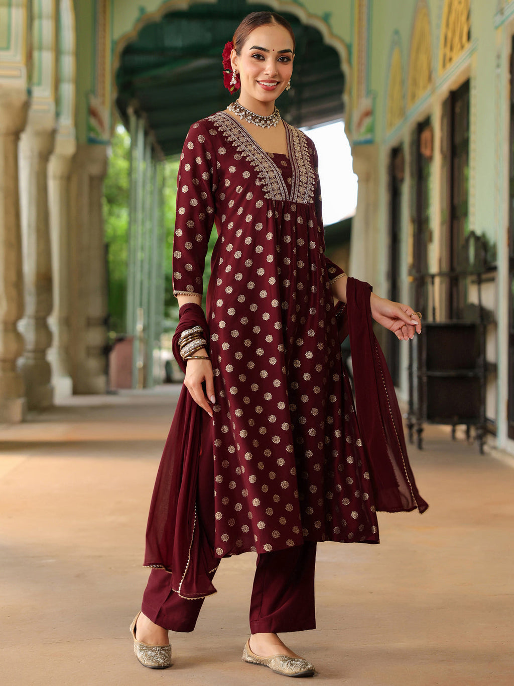 Janasya Women's Maroon Silk Blend Embellished Gold Printed A-line Kurta Set With Dupatta