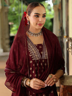 Janasya Women's Maroon Silk Blend Embellished Gold Printed A-line Kurta Set With Dupatta