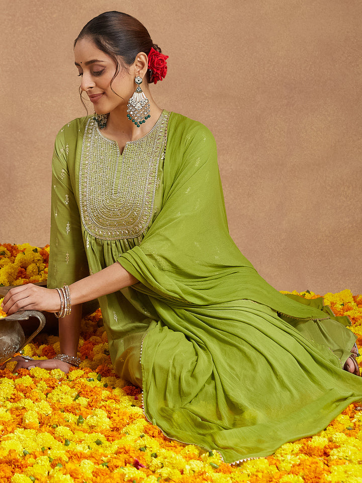 Janasya Women's Lime Green Silk Blend Zari Yoke Embroidered Gold Printed A-line Kurta Set - qivii