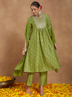 Janasya Women's Lime Green Silk Blend Zari Yoke Embroidered Gold Printed A-line Kurta Set