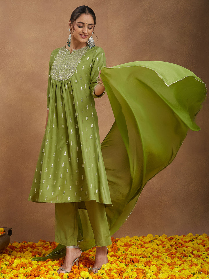 Janasya Women's Lime Green Silk Blend Zari Yoke Embroidered Gold Printed A-line Kurta Set - qivii