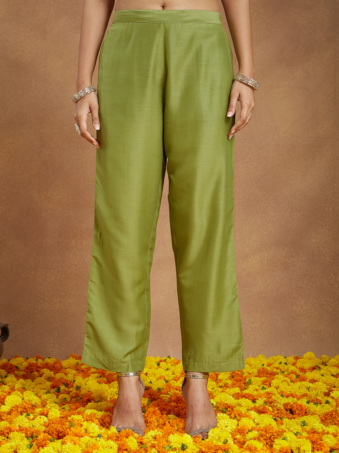 Janasya Women's Lime Green Silk Blend Zari Yoke Embroidered Gold Printed A-line Kurta Set - qivii