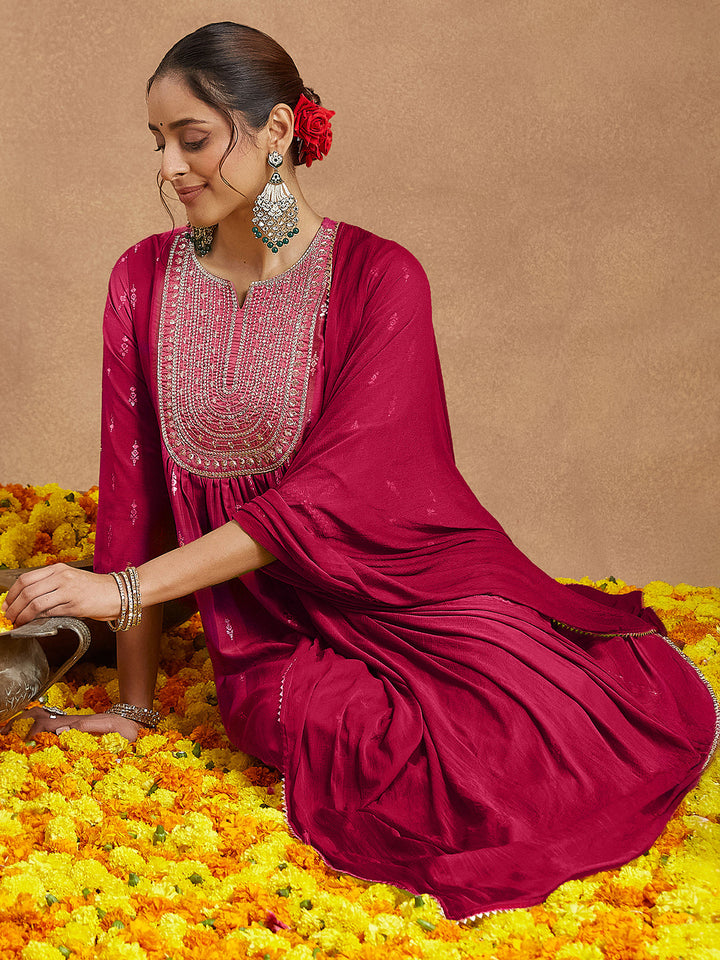 Janasya Women's Pink Silk Blend Zari Yoke Embroidered Gold Printed A-line Kurta Set With Dupatta - qivii