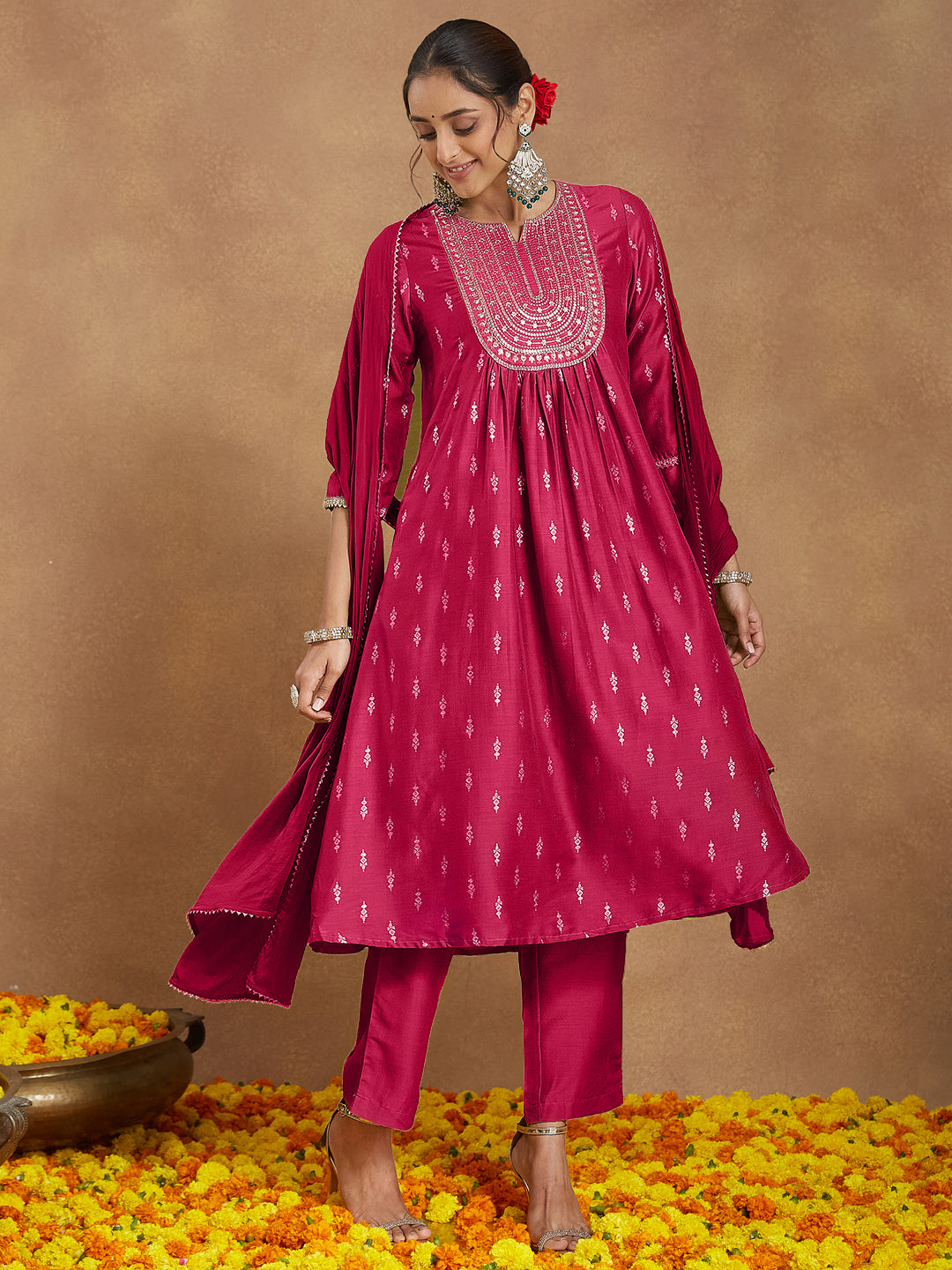 Janasya Women's Pink Silk Blend Zari Yoke Embroidered Gold Printed A-line Kurta Set With Dupatta - qivii