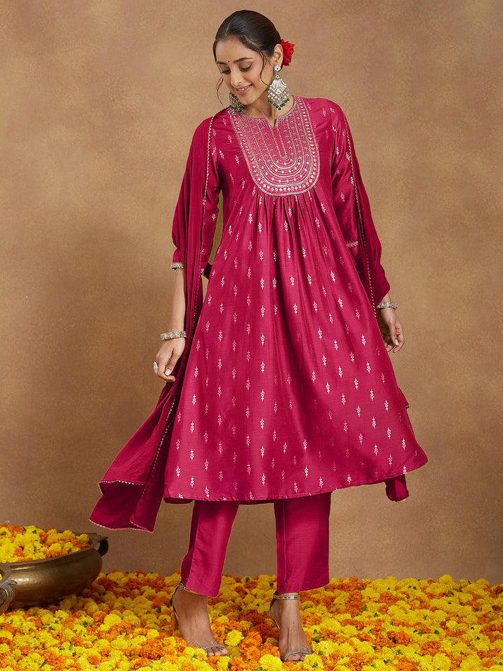 Janasya Women's Pink Silk Blend Zari Yoke Embroidered Gold Printed A-line Kurta Set With Dupatta - qivii