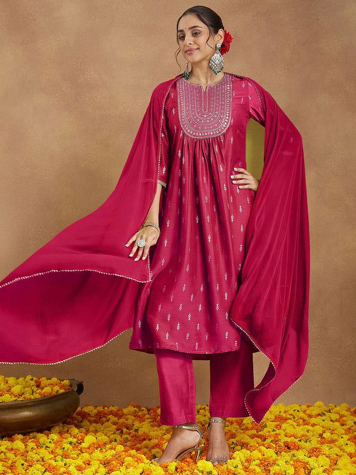Janasya Women's Pink Silk Blend Zari Yoke Embroidered Gold Printed A-line Kurta Set With Dupatta - qivii