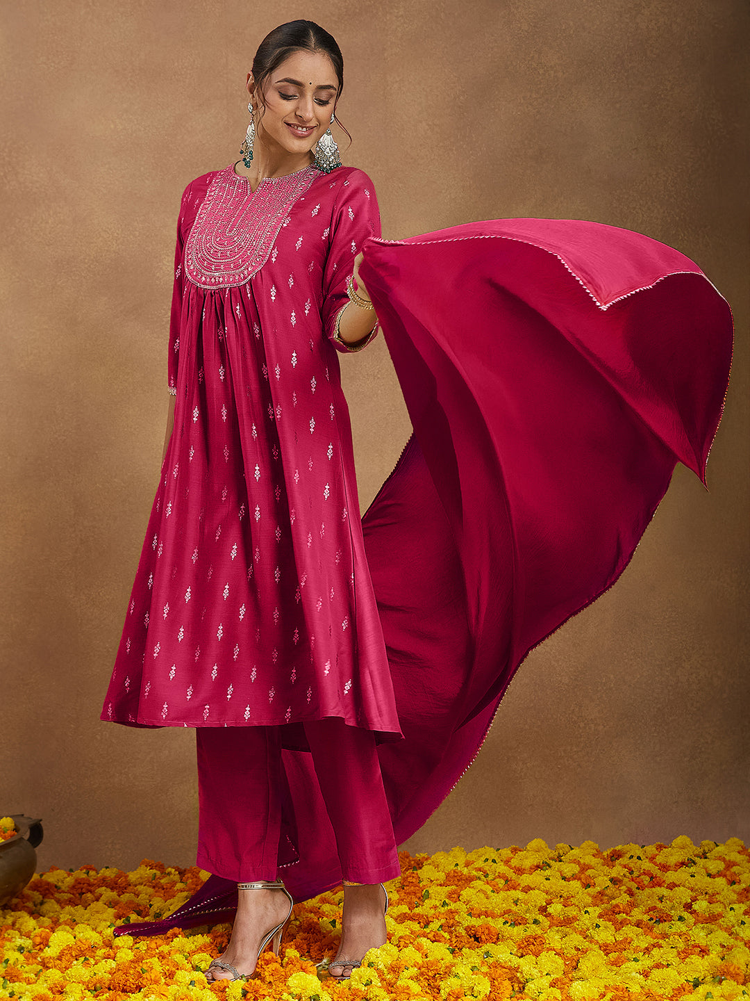 Janasya Women's Pink Silk Blend Zari Yoke Embroidered Gold Printed A-line Kurta Set With Dupatta - qivii