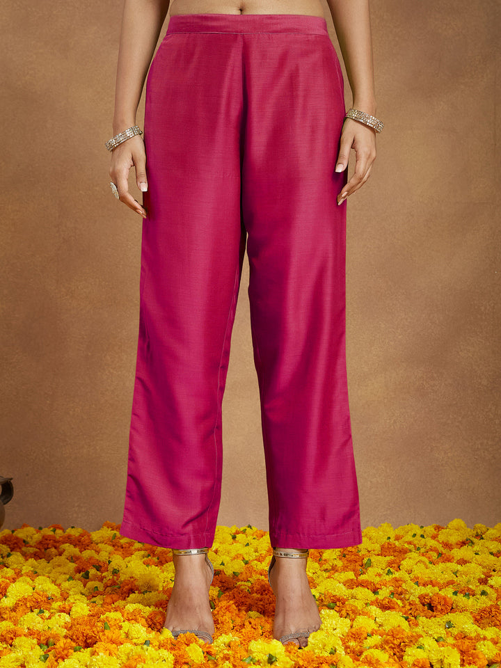 Janasya Women's Pink Silk Blend Zari Yoke Embroidered Gold Printed A-line Kurta Set With Dupatta - qivii